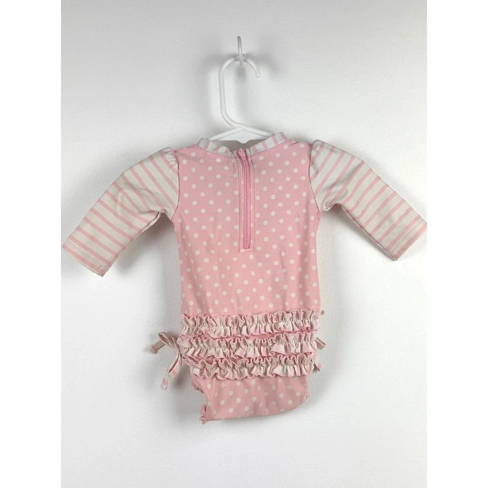 Ruffle Butts Baby Girl Pink Polka Dot Stripe Swimsuit Onesie 0-3M Cute‎
